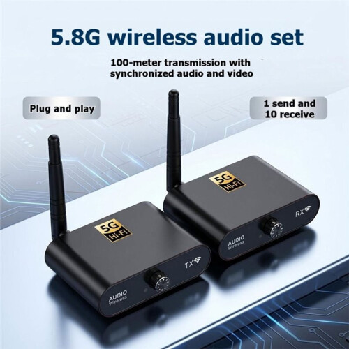 AU5810 5.8G Wireless Audio Transmitter Receiver Kit 100M Range 1 Transmitter to 10 Receivers Audio Sync Plug 2