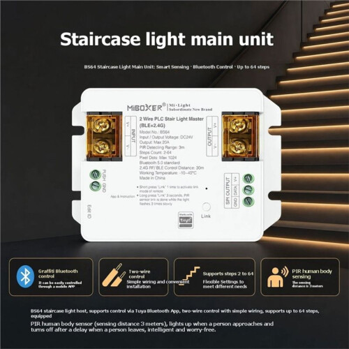 MiBOXER BS64 Stair Light Controller PLC Stair Light Controller 2Wire  Stair Light Master  APP Control Max 64 Steps 1