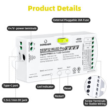 DOMRAEM 5IN1 ESP32 WLED Pro Digital + PWM RGBCCT RGBW RGB CCT Dimming Controller 2.4GHz WiFi Music Sync Version