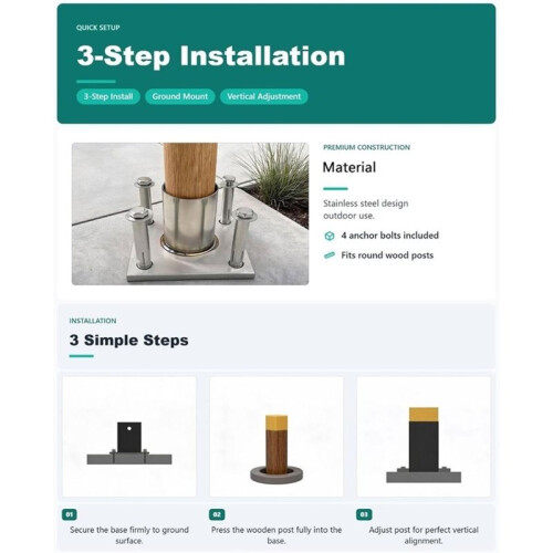 Stainless Post Base Brackets, Steel Heavy Duty Post Base Support with Bolt, Column Base Bracket Kit (Dia 1 in H 1.2 in) 1