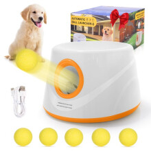 (white&orange) Automatic Dog Ball Launcher with 6 Balls 3 Adjustable Launch