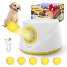 (white&yellow) Automatic Dog Ball Launcher with 6 Balls 3 Adjustable Launch