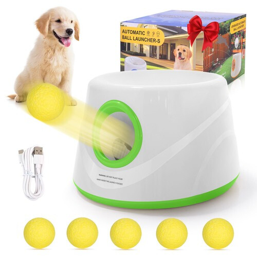 (white&Green) Automatic Dog Ball Launcher with 5 Balls 3 Adjustable Launch