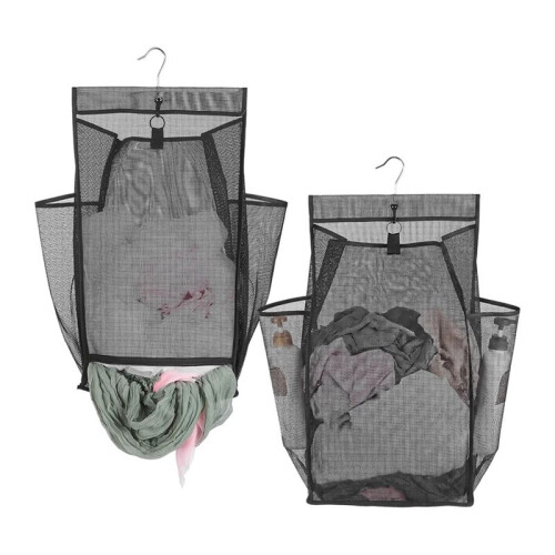 Hanging Laundry Basket,Folding Mesh Hanging Laundry Hamper Mesh Two Side Pockets, Bottom Zipper, Dorm RV Bathroom
