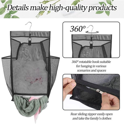 Hanging Laundry Basket,Folding Mesh Hanging Laundry Hamper Mesh Two Side Pockets, Bottom Zipper, Dorm RV Bathroom 1