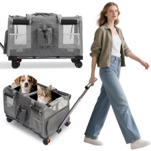 PETCUTE Transportín para Mascotas, 2 compartimentos, rodas, capacidade 17,5 kg, dobrável, cinzento