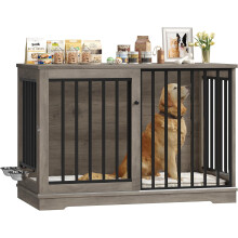 FirFurd jaula para cães, mesa auxiliar com porta de correr, 120x90x60 cm, madeira e metal, castanho e branco