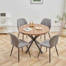 Conjunto de mesa de jantar redonda de 100cm e 4 cadeiras de cozinha em linho, estilo nórdico, castanho e cinzento