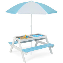 GOPLUS mesa infantil 3 em 1 com banco e sombrilha, madeira, verde e branco, para jardim