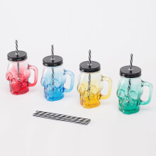 Relaxdays conjunto de 4 copos com tampa e palhinha, 500 ml, caveira, com asa, vidro, multicolor