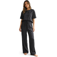 Satin-Schlafanzug-Set für Damen lang bequem atmungsaktiv Tall Schwarz M — satin schlafanzug damen