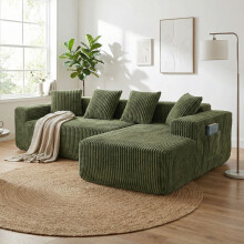 (Green) Modular Right L-Shaped Sectional Sofa 4 Seater Corduroy Corner Sofa Upholstere Boneless Couch