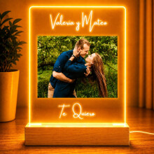 Lâmpada personalizada com foto e mensagem, placa de metacrilato com luz LED, base de madeira com USB