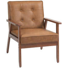 Retro Style Accent Chair with Faux Leather Seat, Brown Armchair with Solid Rubber Wood Frame and Padded Cushions
