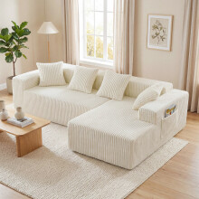 (Beige) Modular Right L-Shaped Sectional Sofa 4 Seater Corduroy Corner Sofa Upholstere Boneless Couch