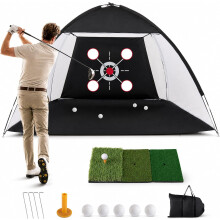 LIFEZEAL Rede de Treino de Golfe Portátil, com Tapete Tri-Turf, Objetivos Múltiplos, Preto, 314x179x199 cm