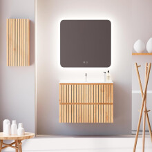 Móvel de casa de banho TIGER 80 cm, Carvalho Nórdico, com tampo de cerâmica branca, espelho LED antivaho e 2 gavetas