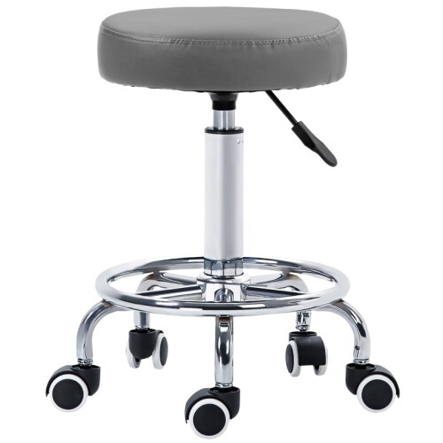 PU Leather Rolling Stool with Adjustable Height, Grey Height Adjustable Stool Chair with Wheels for Salon Massage Spa