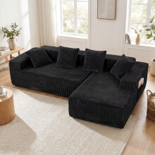 (Black) Modular Right L-Shaped Sectional Sofa 4 Seater Corduroy Corner Sofa Upholstere Boneless Couch