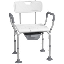 3-in-1 Height Adjustable Shower Stool with Arms and Back, White Bedside Commode with Detachable Bucket for Elderly