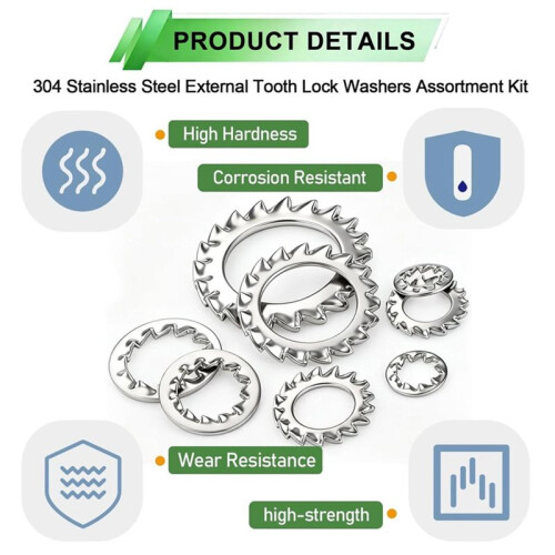 550Pcs M2.5-M12 External Tooth Lock Washers Assortment Kit - Stainless Steel Split  Washers for Secure Fastening 1