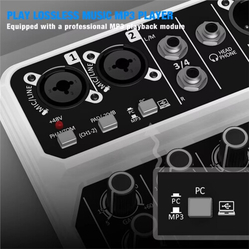 4 Channel Audio Mixer with  48V Phantom Power USB Audio Interface Recording for Karaoke DJ Studio Console 1