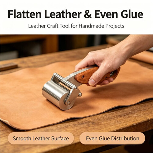 Solid Wooden Handle, Push-Wheel Leather Pressing Tool, Flattens Leather, DIY Leather Pressing Roller Edging Tool 2
