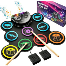 Electronic Drum Kit Build-in Stereo Speakers, Rechargeable 9-Drum Pad with Headphone Jack, Portable Silicone Roll-up Drum Set Machine with Pedals& St