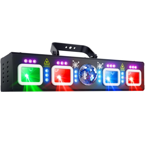 KeoBin 7 in 1 Disco Lights with Rotating Snowflake Patterns - RGB Stage Lighting with Strobe, UV, Beam