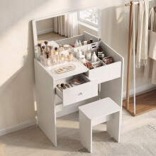 (White) HOMCOM 2-in-1 Dressing Table Flip Top Mirror and Hidden Stool