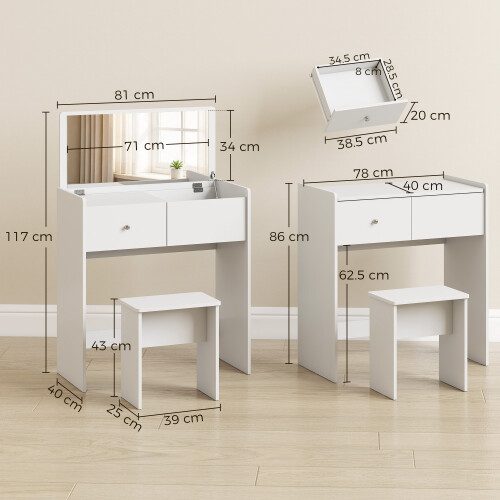 Homcom (White) HOMCOM 2-in-1 Dressing Table Flip Top Mirror and Hidden Stool 2