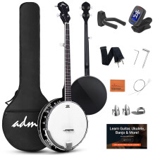 ADM 5 String Beginner Banjo Kit with Remo Head, Closed Back Full Size Banjos in 24 Bracket with Free Lessons & Starter Accessories for Adult and Teen