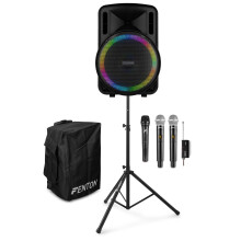 Fenton FT15LED MK2 Portable PA System with 3 Wireless Mics, Stand & Cover, 800W Battery Party Speaker, Bluetooth, Karaoke, Outdoor Events, Adults Kar