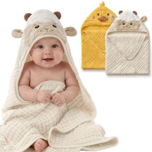 Blissful Diary Muslin Baby Hooded Towel 2 Pack, Soft & Absorbent Bath Towel for Infant, Toddler, Unisex, Baby Gift, Newborn Essentials, Sunny Duck &