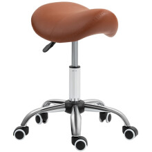 Saddle Stool with Adjustable Height, Brown Faux Leather Salon Chair for Massage Spa with 360 Degree Rotation