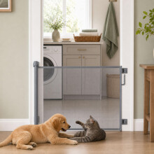 Retractable Pet Gate 87x140cm, No-Drill Mesh Dog Cat Barrier Aluminium Edge