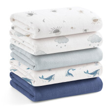 bearmoss Muslin Squares Cloths Breathable Baby Burp Cloth 60x60CM Ultra Soft Baby Face Washcloths for Newborn Baby Boy and Girl, 5Pack(Whale)