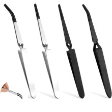 Set van 4 Pincetten met Rubberen Punt, Omgekeerde Pincetten voor Knutselen, Roestvrij Staal met PVC-Coating, Gebogen en Rechte Platte Punt