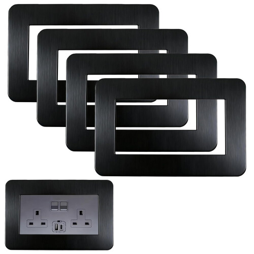 Hounyou 4 Pcs 146 mm x 86 mm Internal Size Double Socket Surround, Textured Black Plug Socket Surround Plates
