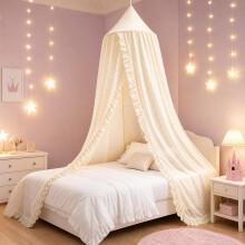 ZIQINPSQ Bed Canopy for Girls Kids with Pom Pom- Lace Chiffon Canopy Bed Curtains, Ruffles Princess Reading Nook for Girls Room Decoration (Beige)