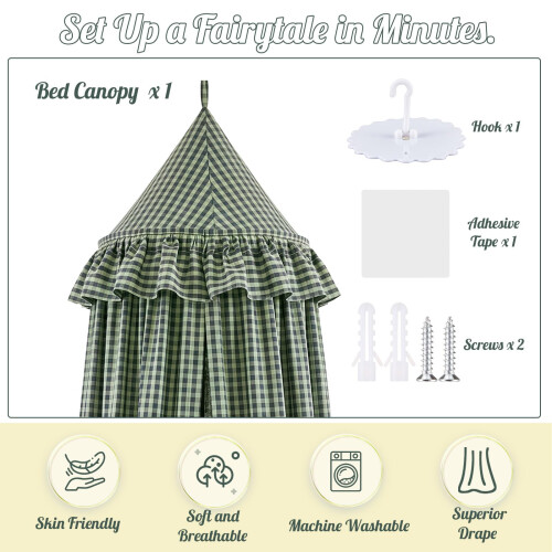 SmoothNovelty Gingham Plaid Bed Canopy, Green Black, Round 2