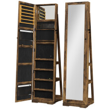 360 Degree Swivel Jewellery Cabinet with Full Length Mirror, Rustic Brown Lockable Jewellery Organiser