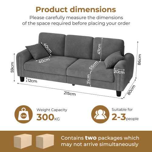 3 Seater Waffle Fabric Sofa 215cm Large Modern Sofa Couch Seats Settee 2 Pillows 2