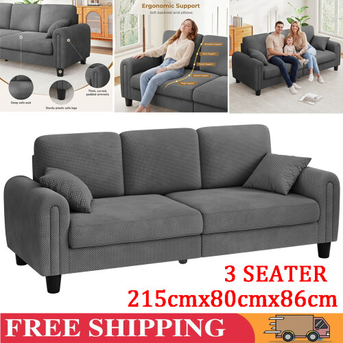 3 Seater Waffle Fabric Sofa 215cm Large Modern Sofa Couch Seats Settee 2 Pillows