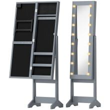 Freestanding Mirrored Jewellery Storage Cabinet with LED Lights, Grey Armoire with Ring and Earring Storage