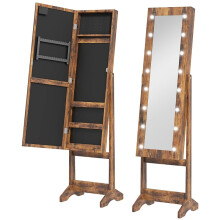 Freestanding Mirrored Jewellery Storage Cabinet with LED Lights, Wood Effect Armoire with Ring Shelves
