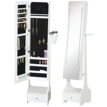 Freestanding Jewellery Cabinet with Full Length Mirror and LED Lights, White Mirror with Storage Hooks