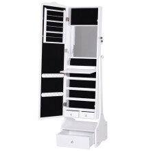 Freestanding Jewellery Cabinet with Mirror and LED Light, White Floor Standing Flip Over Makeup Organizer with Lock
