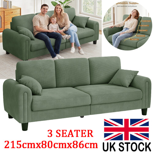 215cm Large 3 Seater Sofa Waffle Textured Fabric Upholstered Sofa Couch Seats UK