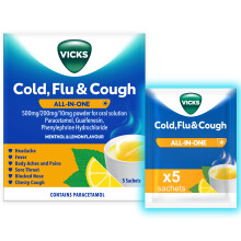 Vicks Cold Flu & Cough All in One: 6 Cold Symptom Relief, 5 Sachets Menthol & Lemon Flavour
